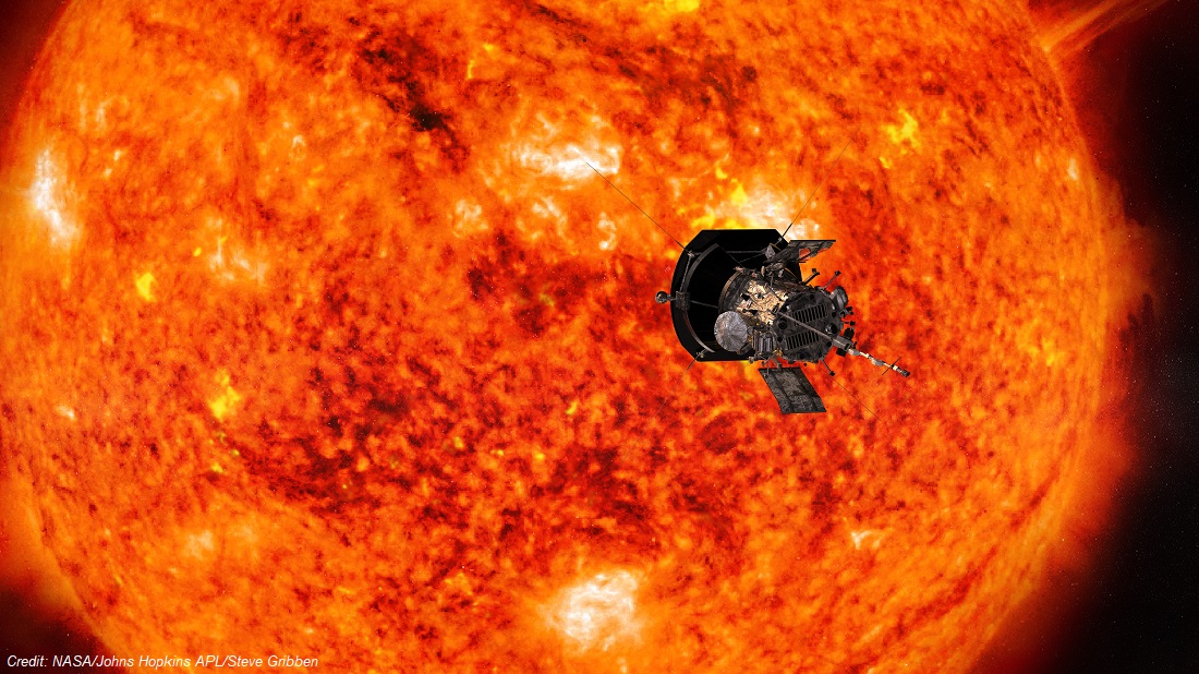 An artists interpretation of the Parker solar probe approaching the surface of the sun.