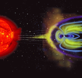 A diagram shows the effect of the sun on the earth's magnetosphere.