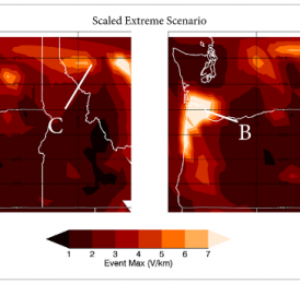 electric field maps showing V/km with gradations of color