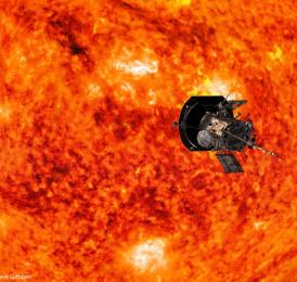 An artists interpretation of the Parker solar probe approaching the surface of the sun.